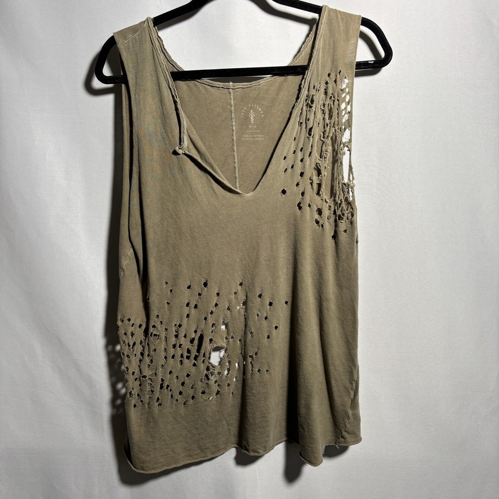 Knot Sisters Distressed Tank Olive Green Cotton Festival Grunge Holes M‎ V Neck